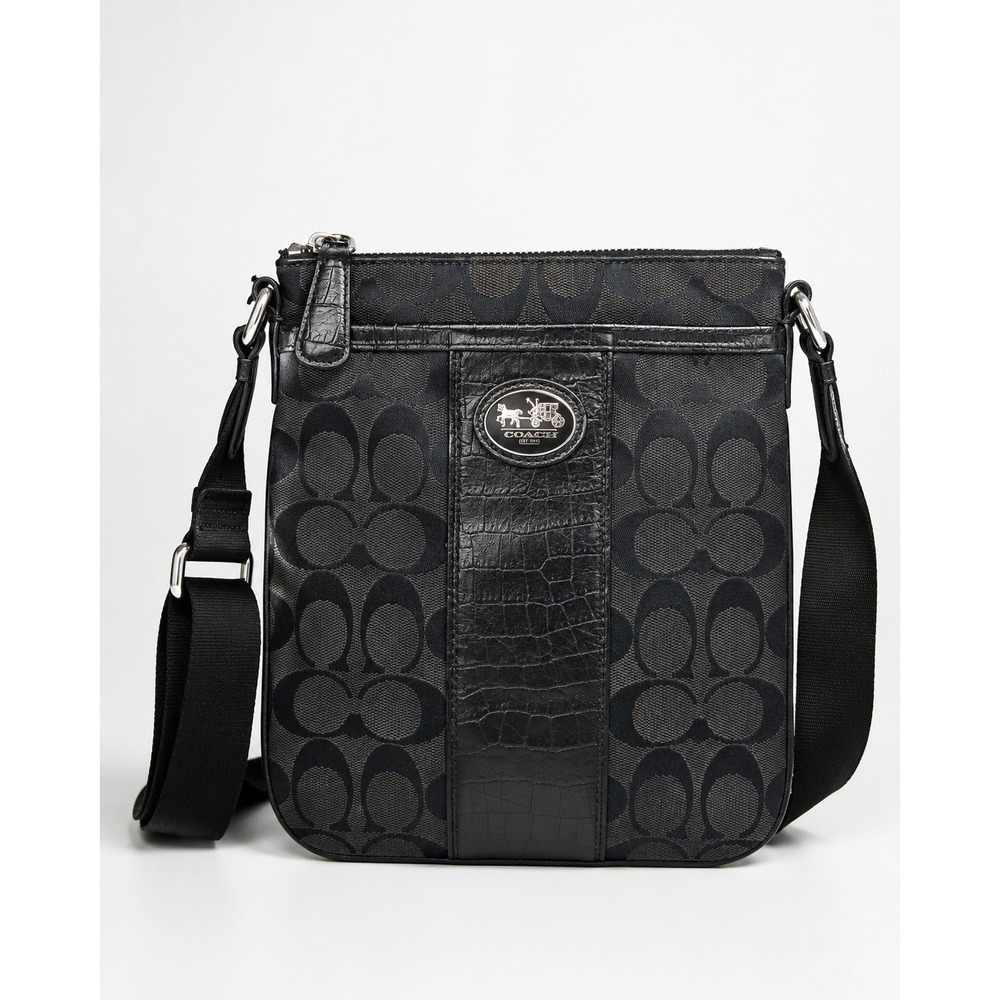 Coach Black Signature Canvas and Leather Swingpack Crossbody Bag Blue Interior